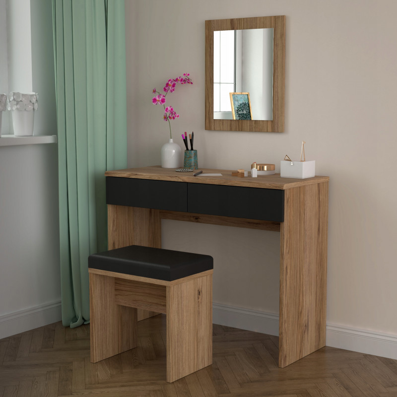 Coiffeuse bois foncé et gris 1 Miroir 1 Table 1 Banc - ANASTASIA