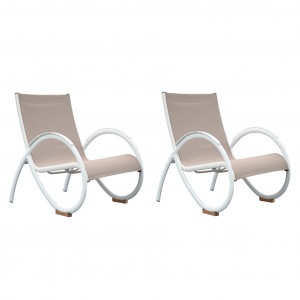 Lot de 2 fauteuils de jardin design en aluminium blanc et revêtement textilène gris avec grands accoudoirs arrondis - MAPE