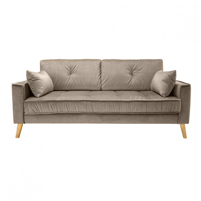 Canapé droit 2,5 places en velours taupe avec accoudoirs 2 coussins pieds inclinés bois - design classique chic - VLAD