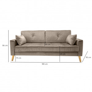 Canapé droit 2,5 places en velours taupe avec accoudoirs 2 coussins pieds inclinés bois - design classique chic - VLAD