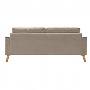 Canapé droit 2,5 places en velours taupe avec accoudoirs 2 coussins pieds inclinés bois - design classique chic - VLAD