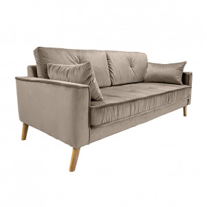 Canapé droit 3 places en velours taupe avec accoudoirs 2 coussins pieds inclinés bois - design classique chic - VLAD