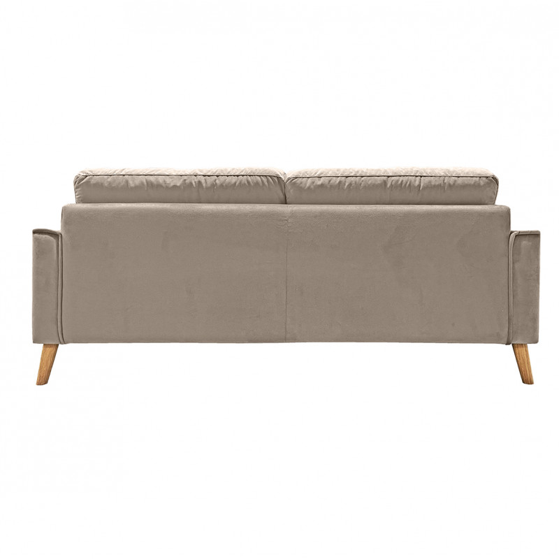 Canapé droit 3 places en velours taupe avec accoudoirs 2 coussins pieds inclinés bois - design classique chic - VLAD