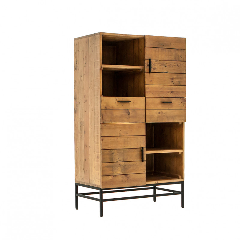 Etagère en bois d'acacia métal noir 2 tiroirs 2 portes et 4 niches H. 140 cm - Style industriel vintage - FACTORY