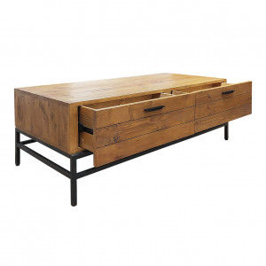 Table basse en bois de pin recyclé et métal noir 4 tiroirs L.120 cm - Style industriel vintage - FACTORY