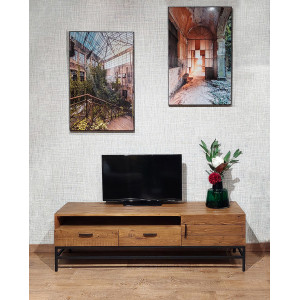 Meuble TV en bois de pin recyclé et métal noir 1 niche 2 tiroirs 1 porte L.160 cm - Style industriel vintage - FACTORY