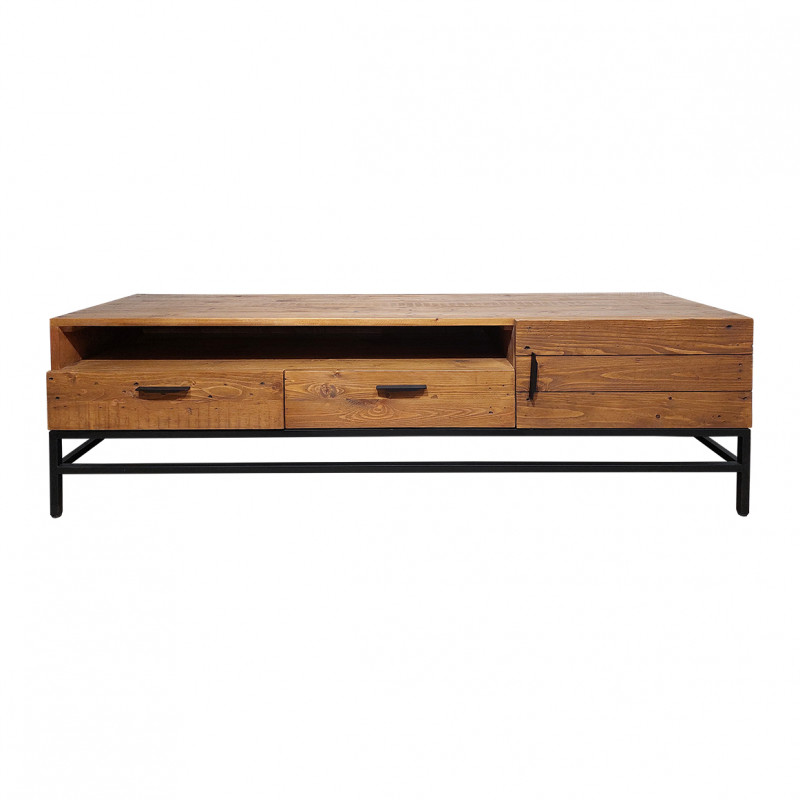 Meuble TV en bois de pin recyclé et métal noir 1 niche 2 tiroirs 1 porte L.160 cm - Style industriel vintage - FACTORY