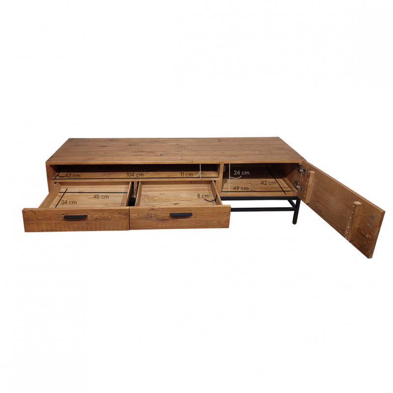 Meuble TV en bois de pin recyclé et métal noir 1 niche 2 tiroirs 1 porte L.160 cm - Style industriel vintage - FACTORY