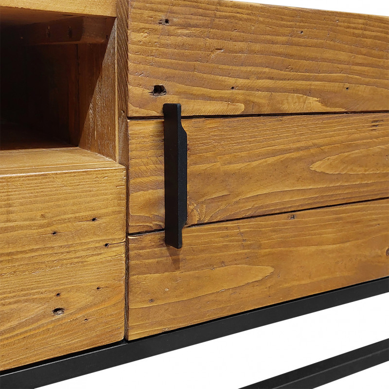 Meuble TV en bois de pin recyclé et métal noir 1 niche 2 tiroirs 1 porte L.160 cm - Style industriel vintage - FACTORY