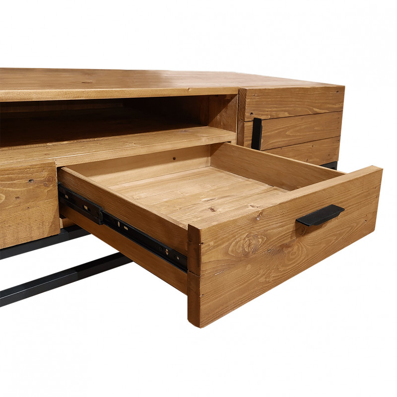 Meuble TV en bois de pin recyclé et métal noir 1 niche 2 tiroirs 1 porte L.160 cm - Style industriel vintage - FACTORY