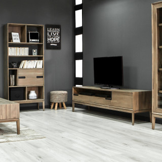 Meuble TV en bois d'acacia et poignées en métal noir - KASSIA