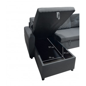 Canapé d'angle 3 places convertible en tissu gris anthracite coffre de rangement - RUDY