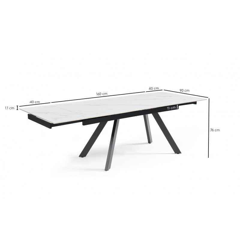 Table extensible 160/240 cm en céramique blanc marbré mat et 4 pieds inclinés métal noir - NEVADA 08
