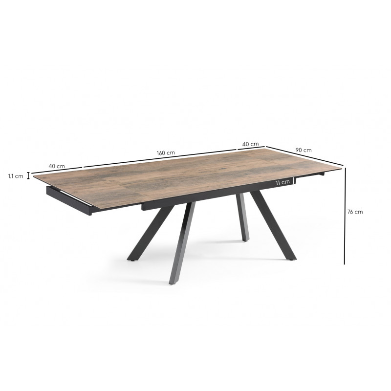 Table extensible 160/240 cm en céramique effet bois vieilli et 4 pieds inclinés métal noir - TEXAS 08