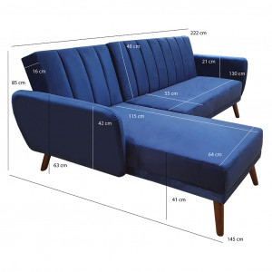 Canapé d'angle convertible velours bleu et piètement bois - URSULE