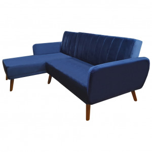 Canapé d'angle convertible velours bleu et piètement bois - URSULE