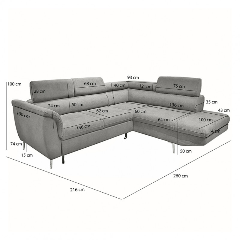 Canapé d'angle droit convertible gris avec piètements métal - RUSSELL