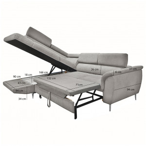 Canapé d'angle gauche convertible gris avec piètements métal - RUSSELL