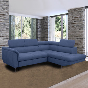 Canapé d'angle droit convertible bleu avec piètements métal - RUSSELL