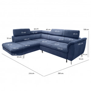 Canapé d'angle gauche convertible bleu avec piètements métal - RUSSELL