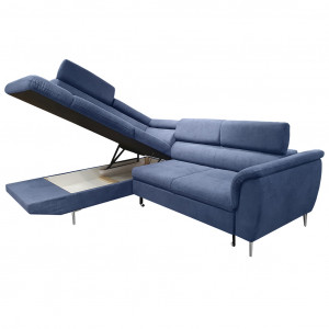 Canapé d'angle gauche convertible en tissu bleu et piètements fin en métal chromé - RUSSELL
