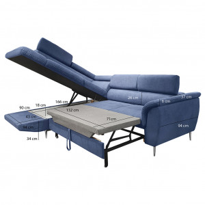 Canapé d'angle gauche convertible bleu avec piètements métal - RUSSELL