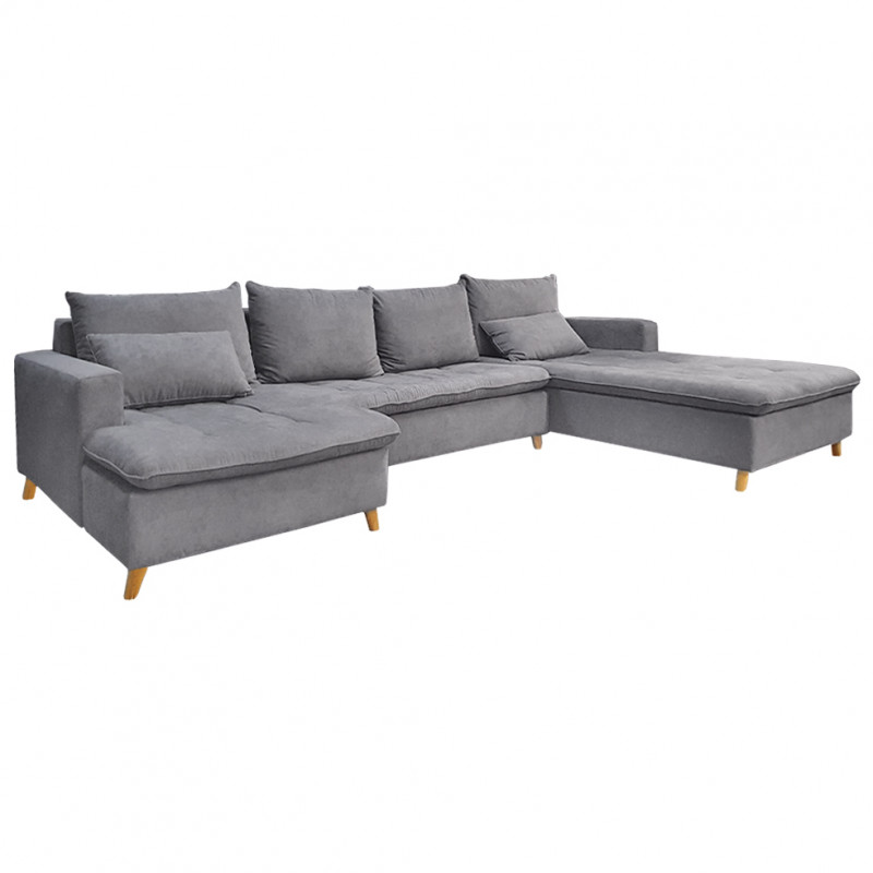 Canapé d'angle droit fixe en tissu texturé gris avec piètements en bois Scandinave - ODIN