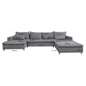 Canapé d'angle droit fixe en tissu texturé gris avec piètements en bois Scandinave - ODIN