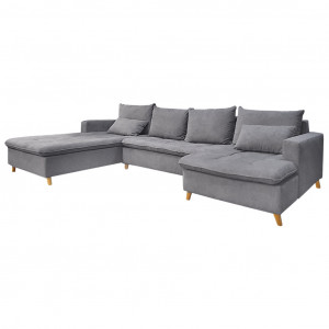 Grand canapé d'angle gauche en tissu gris et piètements en bois - ODIN