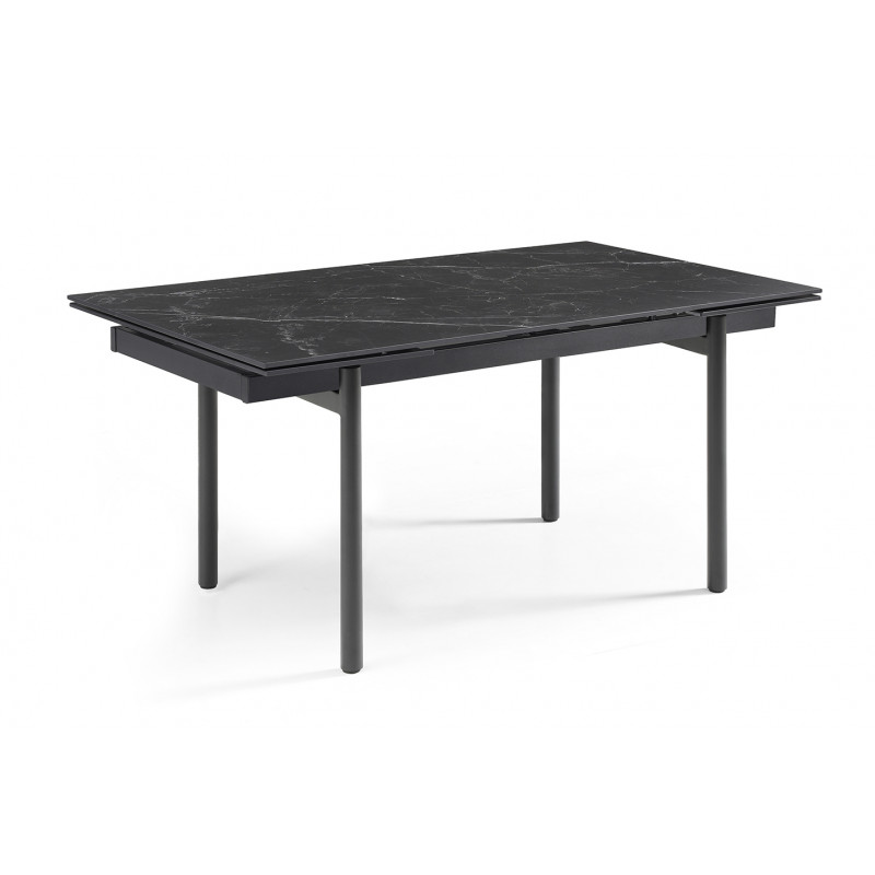 Table extensible 160/240 cm en céramique noir marbré mat et 4 pieds inclinés métal noir - INDIANA 09