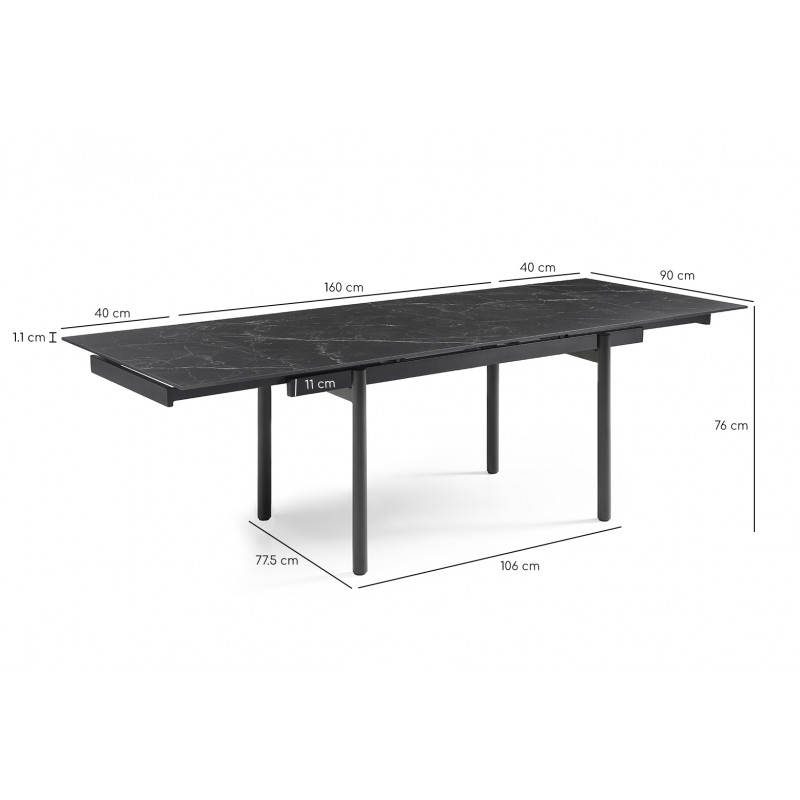 Table extensible 160/240 cm en céramique noir marbré mat et 4 pieds inclinés métal noir - INDIANA 09