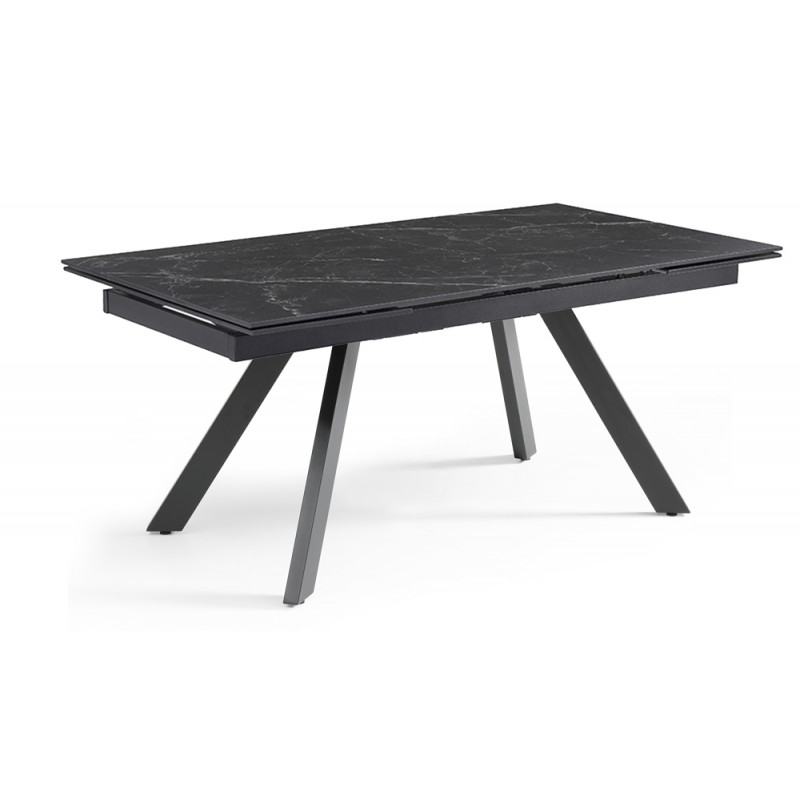 Table extensible 160/240 cm en céramique noir marbré mat et 4 pieds inclinés métal noir - INDIANA 08