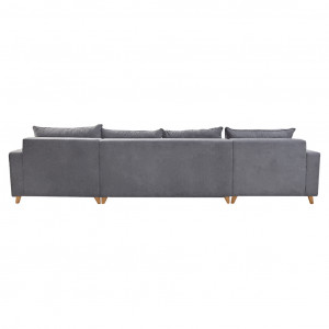Grand canapé d'angle droit en tissu gris et piètements en bois - ODIN