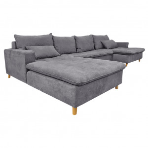 Grand canapé d'angle gauche en tissu gris et piètements en bois - ODIN