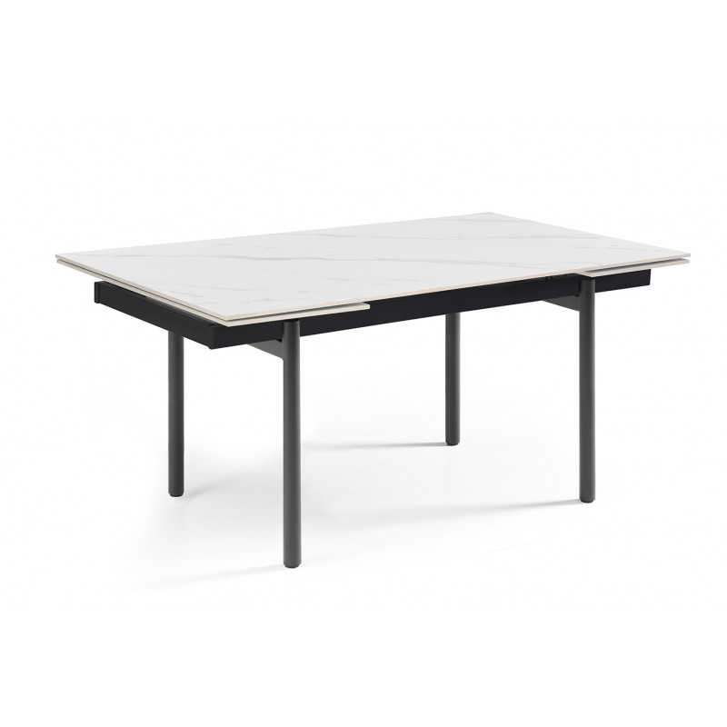 Table 160/240 cm en céramique blanc marbré mat et 4 pieds droits métal noir - NEVADA 09