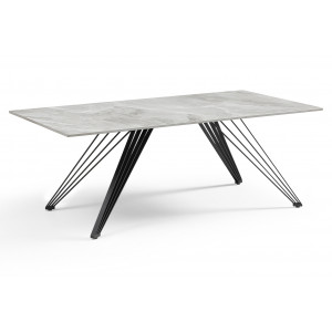 Table basse 120x60 cm en céramique Italienne gris marbré laqué et pieds filaires inclinés métal noir - DAKOTA 01