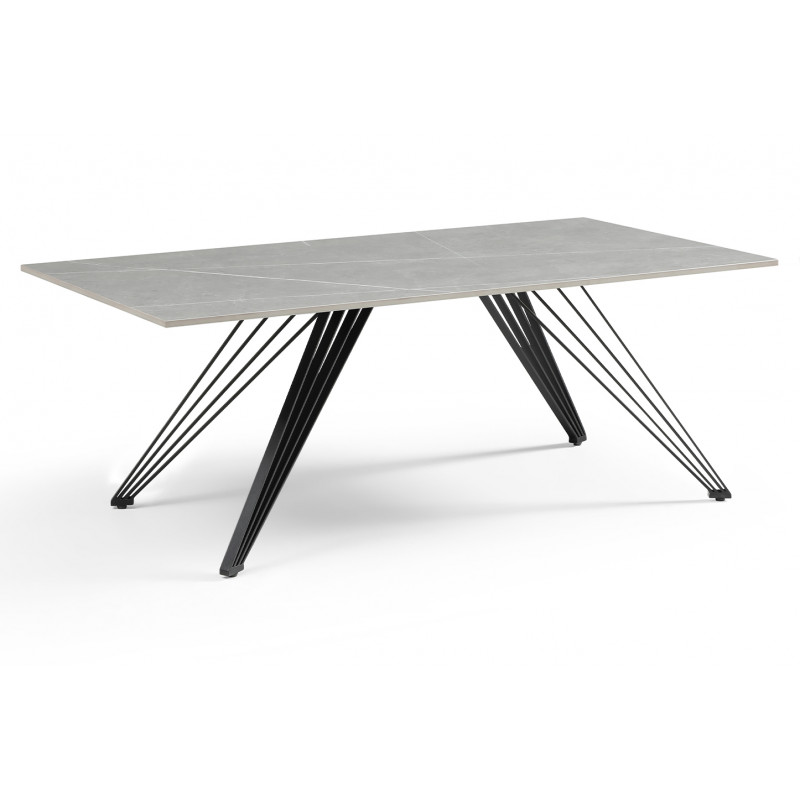 Table basse 120x60 cm en céramique gris marbré mat et pieds filaires inclinés métal noir - ARIZONA 01