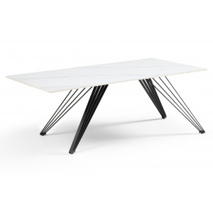 Table basse 120x60 cm en céramique blanc marbré mat et pieds filaires inclinés métal noir - NEVADA 01