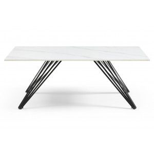 Table basse 120x60 cm en céramique blanc marbré mat et pieds filaires inclinés métal noir - NEVADA 01