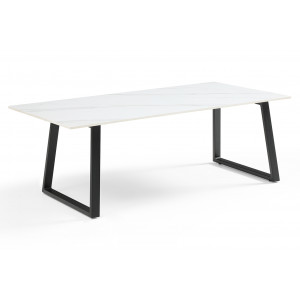 Table basse 120x60 cm en céramique blanc marbré mat et pieds luge métal noir - NEVADA 02