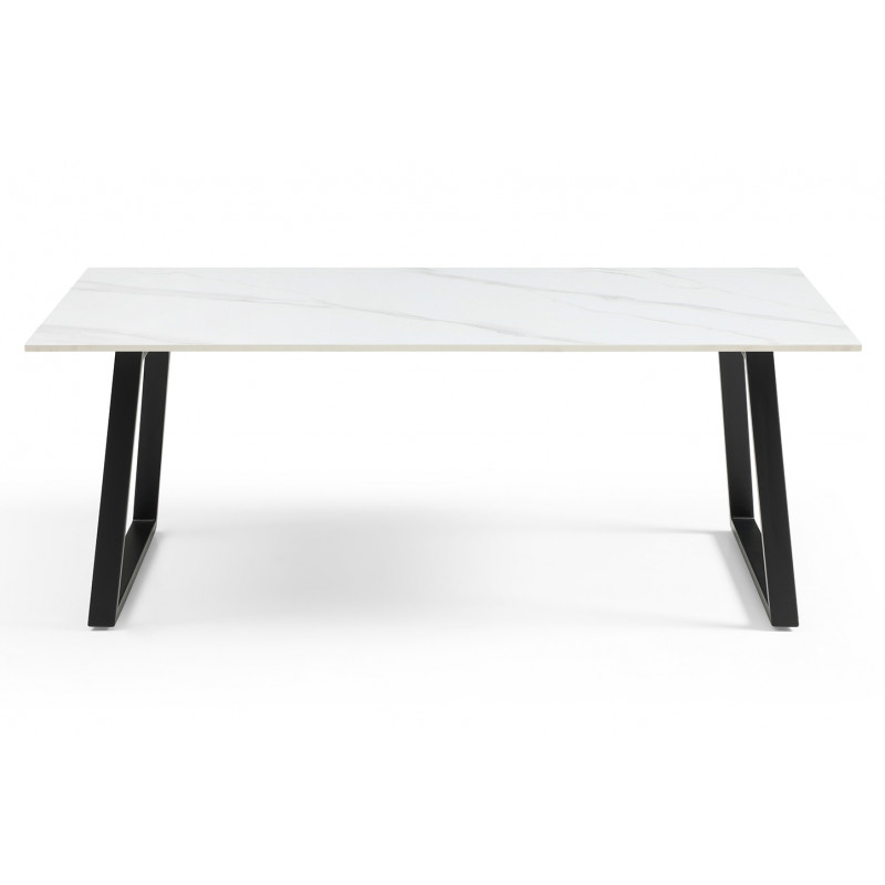 Table basse 120x60 cm en céramique blanc marbré mat et pieds luge métal noir - NEVADA 02