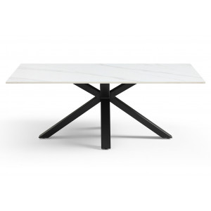 Table basse 120x60 cm en céramique blanc marbré mat et pied épais croisé en métal noir - NEVADA 04