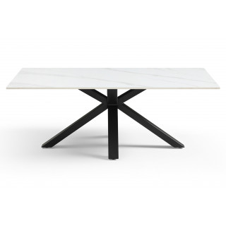 Table basse 120x60 cm en céramique blanc marbré mat et pied épais croisé en métal noir - NEVADA 04