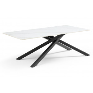 Table basse 120x60 cm en céramique blanc marbré mat et pied torsadé en métal noir - NEVADA 05
