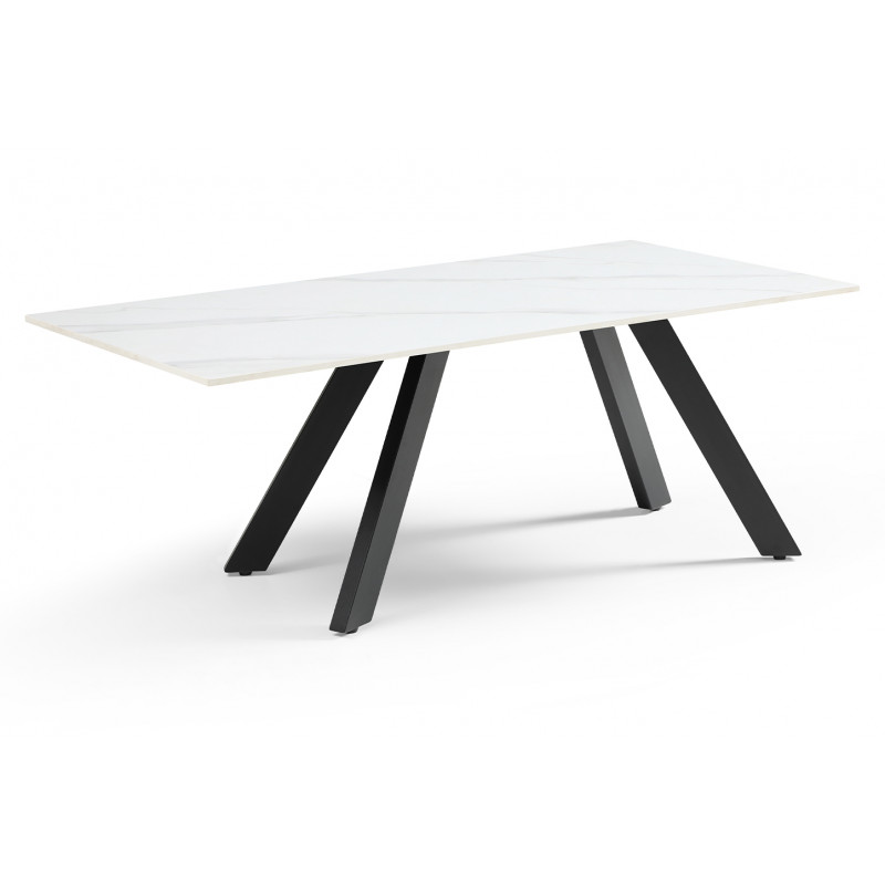 Table basse 120x60 cm en céramique blanc marbré mat et 4 pieds inclinés en métal noir - NEVADA 08
