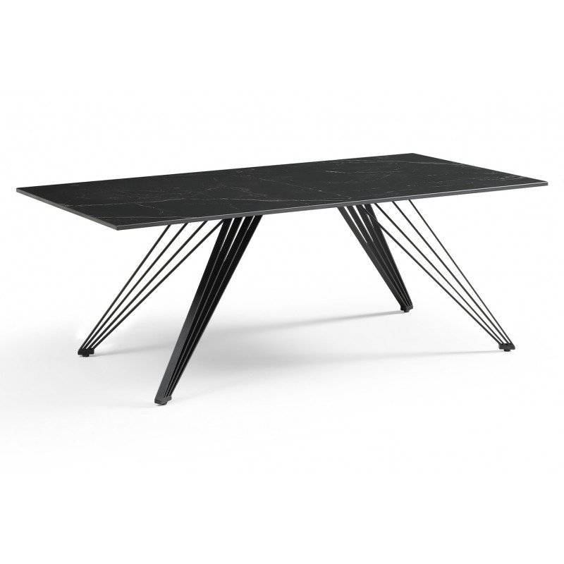 Table basse 120x60 cm en céramique noir marbré mat et pieds filaires inclinés métal noir - INDIANA 01