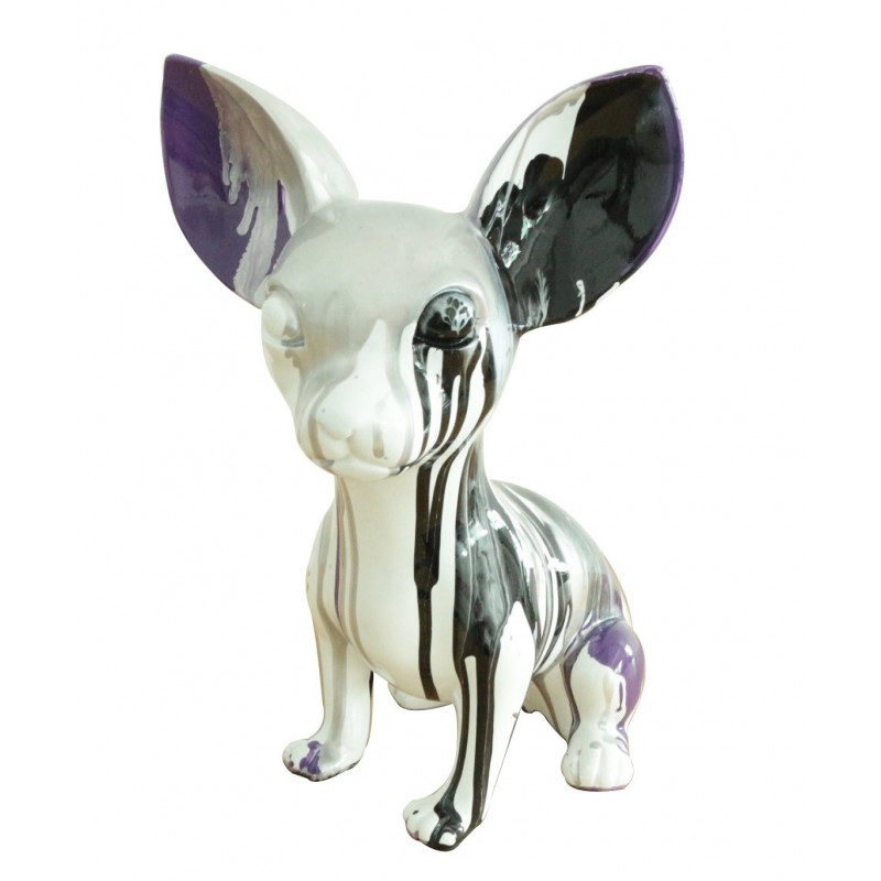 Statue chien chihuahua coulures argenté et violet H.30 cm - BEVERLY 02