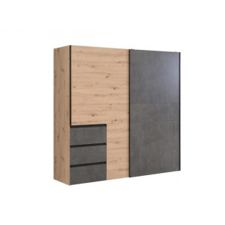 Armoire 2 portes coulissantes 3 tiroirs chêne béton gris 200 cm - THOR