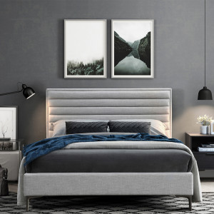 Pack lit double en tissu gris + matelas 160 x 200 cm inclus - PALAZZO