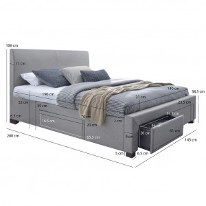 Pack lit double en tissu avec tiroirs + matelas 140x190 cm - VANCOUVER